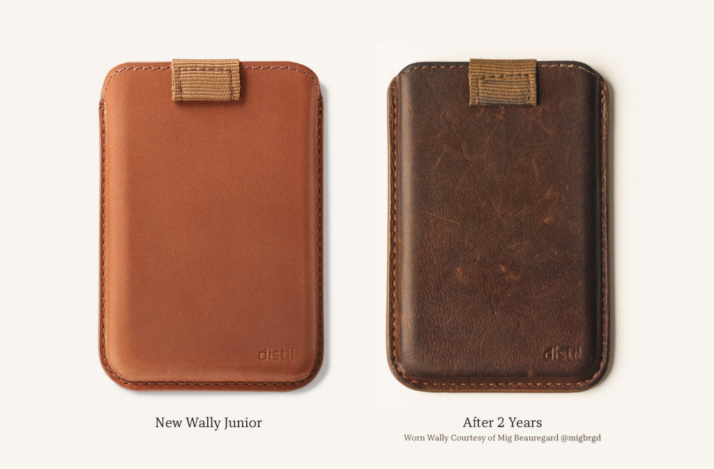 The brown leather of a Wally Junior iPhone Wallet after two years of use by Mig Beauregard 